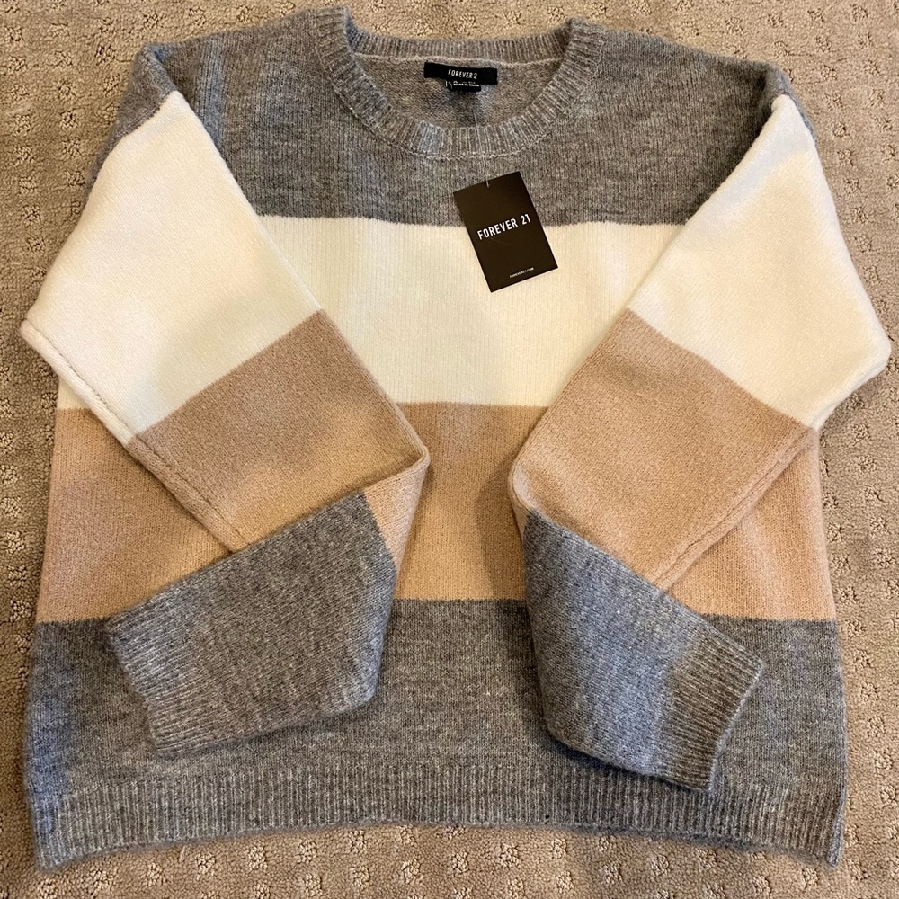 Forever 21 Heather Grey Cream Tan Striped Sweater